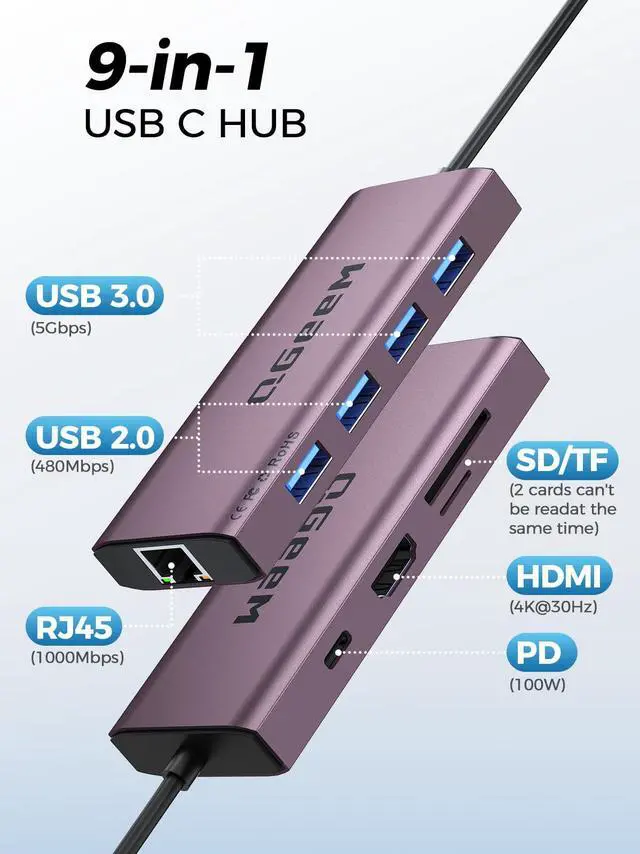 Alt view image 2 of 5 - QGeeM USB C Hub Ethernet,9 in 1 USB Type C Hub HDMI Multi-Port Converter Adapter,100W Pd, USB 3.0,SD/TF Card Reader,Compatible for MacBook Pro Air Ipad HP Dell Lenovo Chromebook etc.-Violet