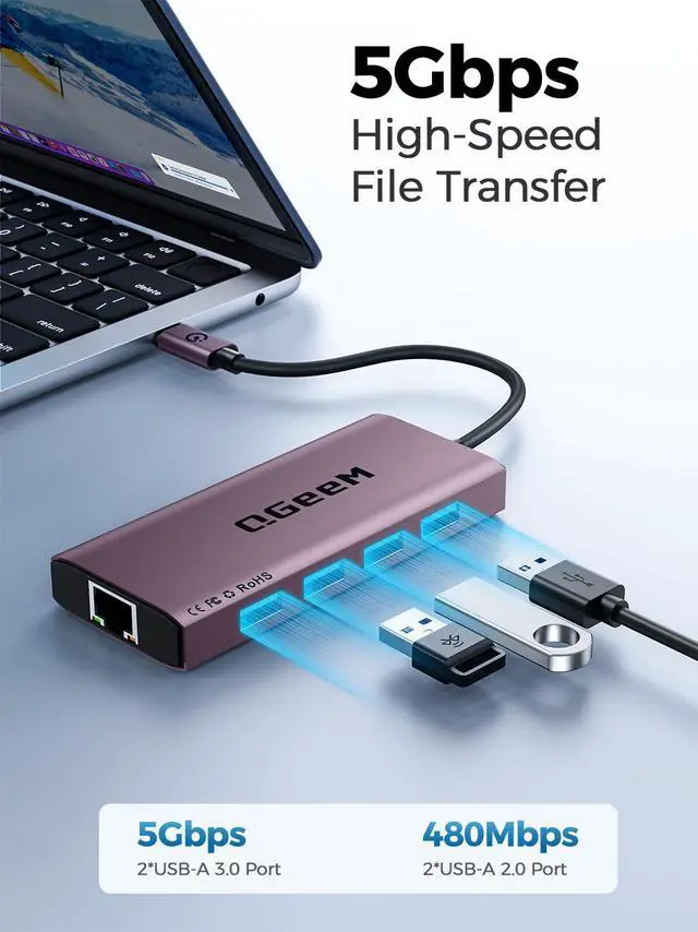 Alt view image 4 of 5 - QGeeM USB C Hub Ethernet,9 in 1 USB Type C Hub HDMI Multi-Port Converter Adapter,100W Pd, USB 3.0,SD/TF Card Reader,Compatible for MacBook Pro Air Ipad HP Dell Lenovo Chromebook etc.-Violet