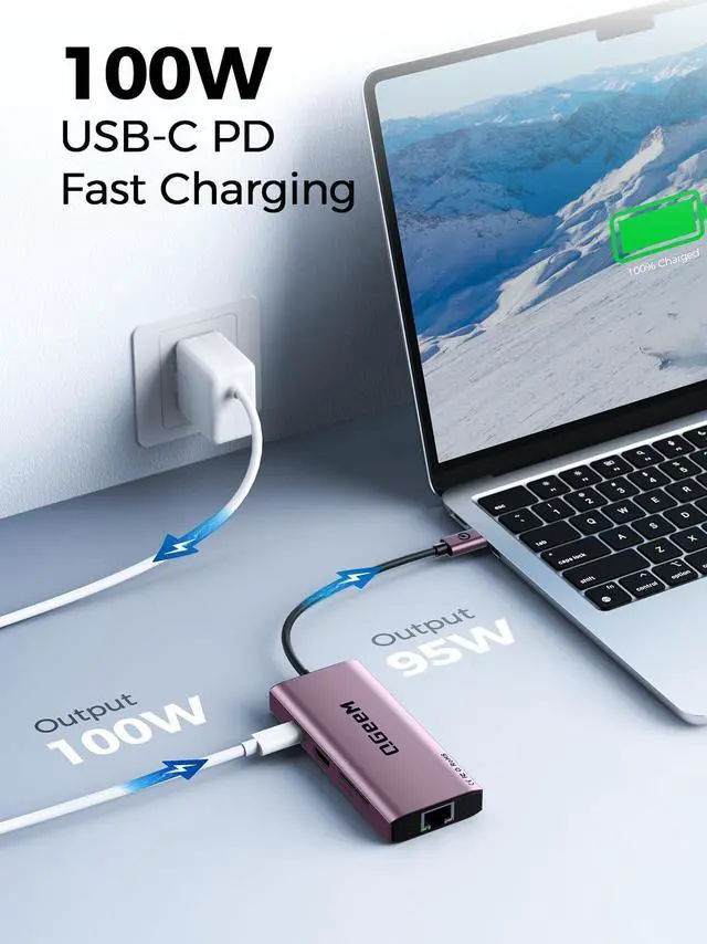 Alt view image 5 of 5 - QGeeM USB C Hub Ethernet,9 in 1 USB Type C Hub HDMI Multi-Port Converter Adapter,100W Pd, USB 3.0,SD/TF Card Reader,Compatible for MacBook Pro Air Ipad HP Dell Lenovo Chromebook etc.-Violet