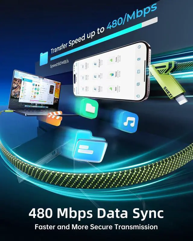 Alt view image 4 of 5 - SHEZI 4-in-1 USB C Cable 60W 5FT Lightn-ing Cable Fast Charging [480Mbps Data Transfer] Flat Nylon Braided Charger Cord Wire Combo with Lightn-ing/USB C/USB A Port for iPhone/iPad and More, Green