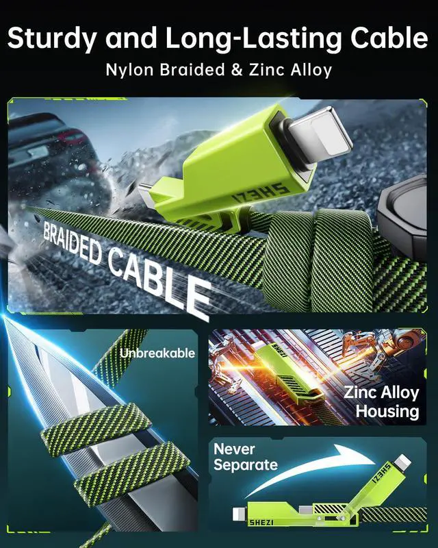 Alt view image 5 of 5 - SHEZI 4-in-1 USB C Cable 60W 5FT Lightn-ing Cable Fast Charging [480Mbps Data Transfer] Flat Nylon Braided Charger Cord Wire Combo with Lightn-ing/USB C/USB A Port for iPhone/iPad and More, Green