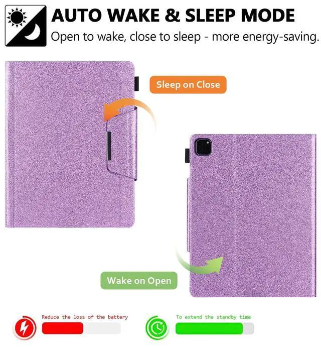 Alt view image 2 of 5 - Glitter Case for iPad Pro 11-inch (M4) 2024 5th Generation, Techcircle Folio Stand Smooth Bling PU Leather Soft TPU Back Smart Cover with Pencil Holder & Card Pocket, Auto Sleep/Wake, Shiny Purple