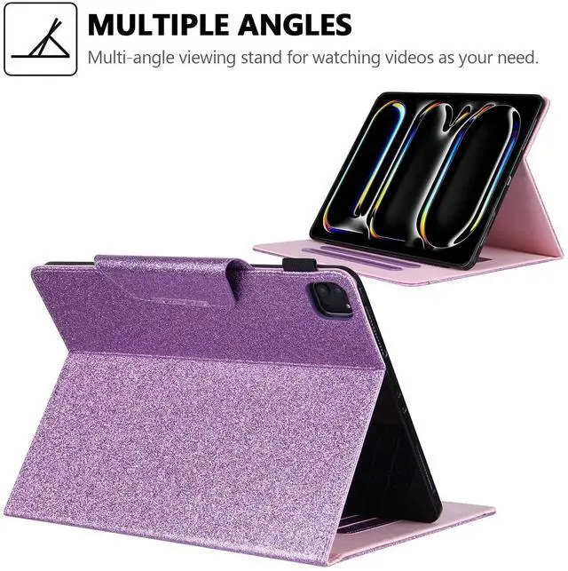 Alt view image 4 of 5 - Glitter Case for iPad Pro 11-inch (M4) 2024 5th Generation, Techcircle Folio Stand Smooth Bling PU Leather Soft TPU Back Smart Cover with Pencil Holder & Card Pocket, Auto Sleep/Wake, Shiny Purple