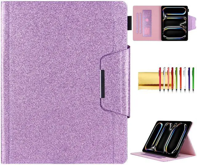 Main image of Glitter Case for iPad Pro 11-inch (M4) 2024 5th Generation, Techcircle Folio Stand Smooth Bling PU Leather Soft TPU Back Smart Cover with Pencil Holder & Card Pocket, Auto Sleep/Wake, Shiny Purple