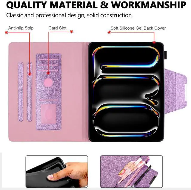 Alt view image 3 of 5 - Glitter Case for iPad Pro 11-inch (M4) 2024 5th Generation, Techcircle Folio Stand Smooth Bling PU Leather Soft TPU Back Smart Cover with Pencil Holder & Card Pocket, Auto Sleep/Wake, Shiny Purple