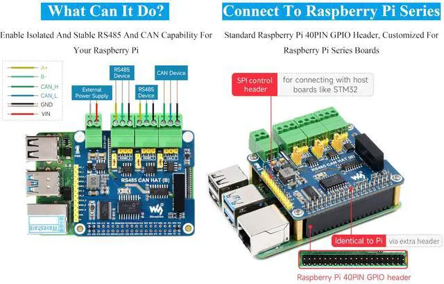 Alt view image 3 of 5 - Industrial Isolated RS485 CAN HAT Compatible with Raspberry Pi 5/4B/3B+/3B/ZeroW/WH/Zero 2W/Pico W/Pico 2 W, Expand 2-Ch RS485 and 1-CH CAN, SPI Communication, Bulit-in Multi Protections