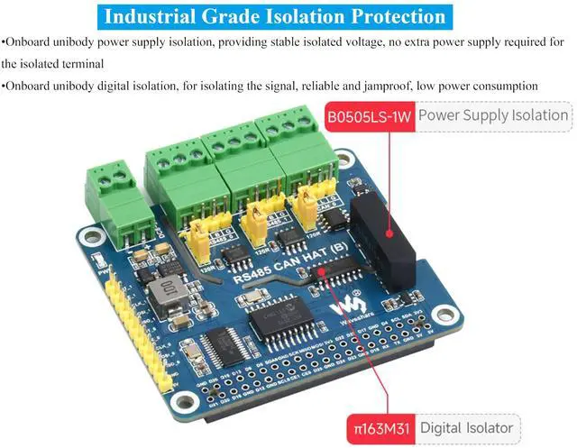 Alt view image 5 of 5 - Industrial Isolated RS485 CAN HAT Compatible with Raspberry Pi 5/4B/3B+/3B/ZeroW/WH/Zero 2W/Pico W/Pico 2 W, Expand 2-Ch RS485 and 1-CH CAN, SPI Communication, Bulit-in Multi Protections