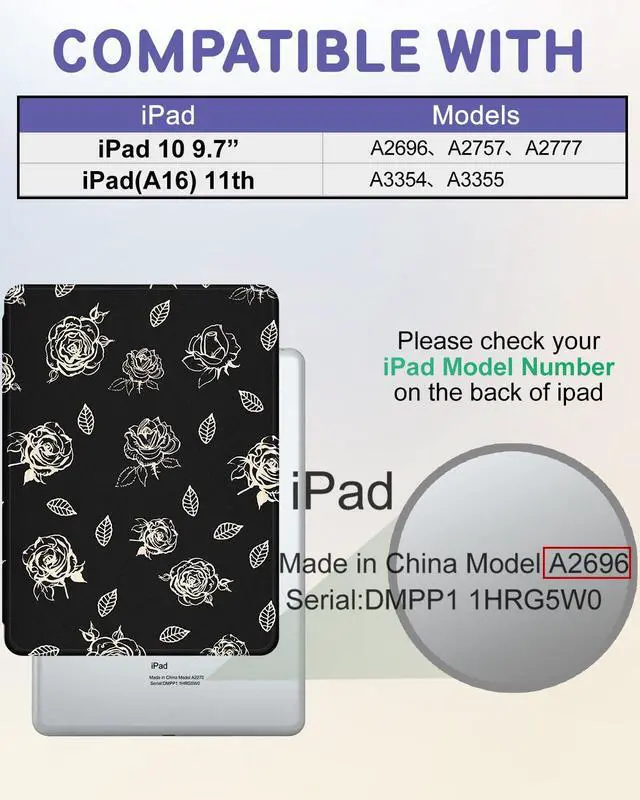 Alt view image 2 of 5 - Uppuppy for iPad A16 Case - for iPad 10th Generation Case 10.9 Inch Women Cute Girls Rose Flower Girly Floral Pretty Kawaii Aesthetic Design Rotating Stand Folio Tablet Cover for Apple 10/11 2025