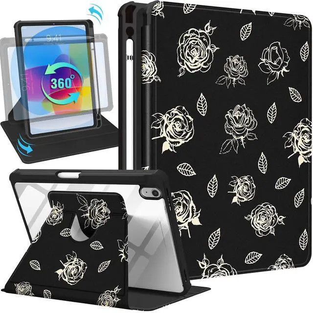 Main image of Uppuppy for iPad A16 Case - for iPad 10th Generation Case 10.9 Inch Women Cute Girls Rose Flower Girly Floral Pretty Kawaii Aesthetic Design Rotating Stand Folio Tablet Cover for Apple 10/11 2025