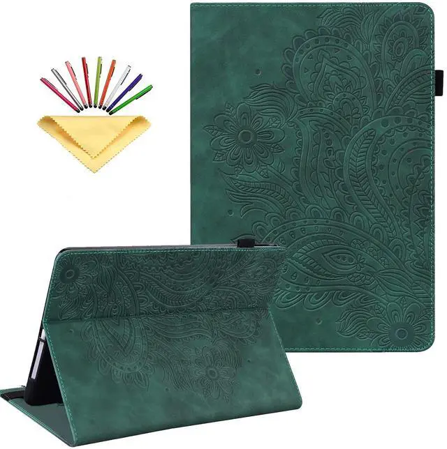 Main image of UUcovers Kindle Fire HD 8 8th/7th/6th Generation Case 2016/2017/2018 with Pencil Holder Elastic Band Embossed Pattern PU Leather Multi-Angle Stand Folio Wallet Shockproof Cover, Floral Green Peacock
