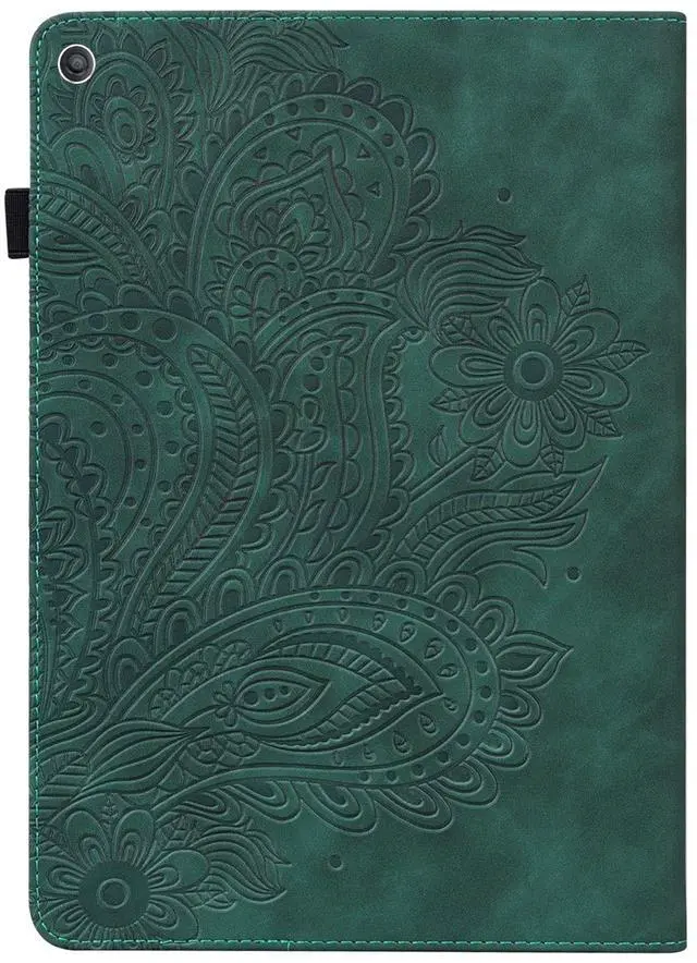 Alt view image 4 of 5 - UUcovers Kindle Fire HD 8 8th/7th/6th Generation Case 2016/2017/2018 with Pencil Holder Elastic Band Embossed Pattern PU Leather Multi-Angle Stand Folio Wallet Shockproof Cover, Floral Green Peacock