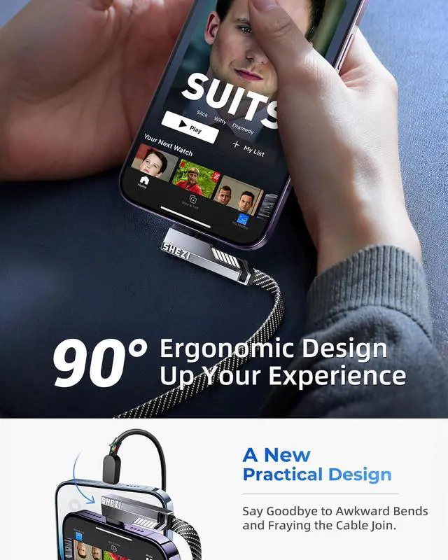 Alt view image 3 of 5 - Vexipia 4-in-1 Long USB C Cable 10FT Lightn-ing Cable 90 Degree Fast Charging Flat Nylon Braided for iPhone/iPad Charger Cord Multi Charge Cord with Lightn-ing/USB C/USB A Ports (SHEZI Series)