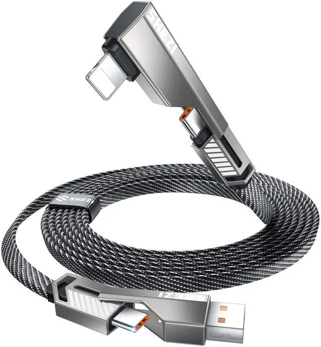 Main image of Vexipia 4-in-1 Long USB C Cable 10FT Lightn-ing Cable 90 Degree Fast Charging Flat Nylon Braided for iPhone/iPad Charger Cord Multi Charge Cord with Lightn-ing/USB C/USB A Ports (SHEZI Series)