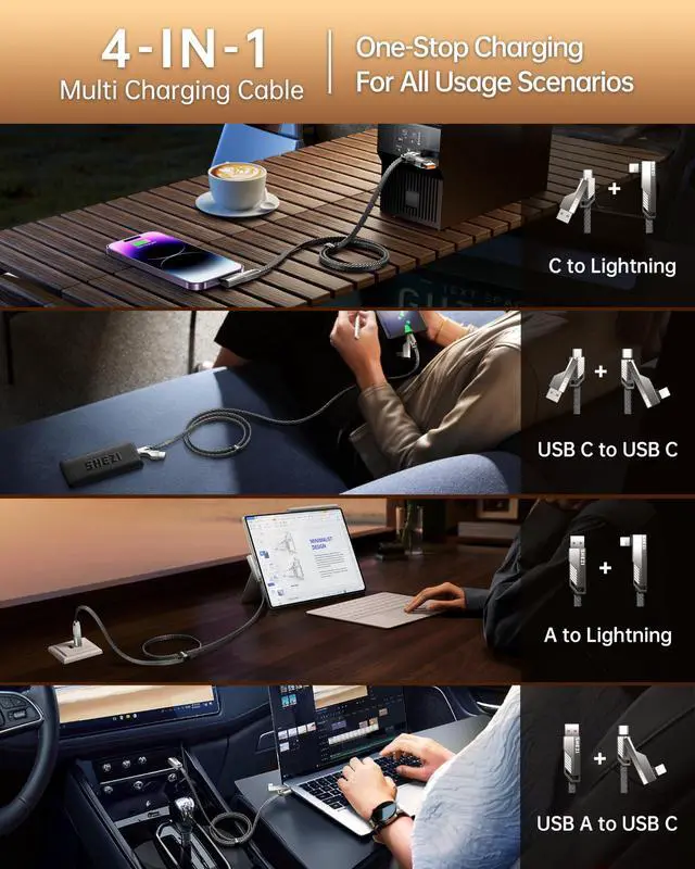 Alt view image 2 of 5 - Vexipia 4-in-1 Long USB C Cable 10FT Lightn-ing Cable 90 Degree Fast Charging Flat Nylon Braided for iPhone/iPad Charger Cord Multi Charge Cord with Lightn-ing/USB C/USB A Ports (SHEZI Series)