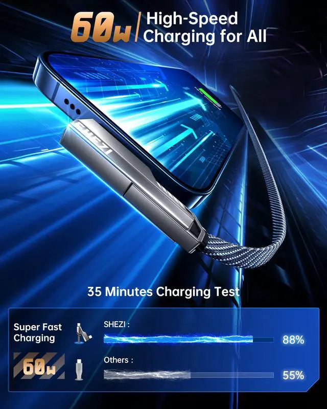 Alt view image 4 of 5 - Vexipia 4-in-1 Long USB C Cable 10FT Lightn-ing Cable 90 Degree Fast Charging Flat Nylon Braided for iPhone/iPad Charger Cord Multi Charge Cord with Lightn-ing/USB C/USB A Ports (SHEZI Series)