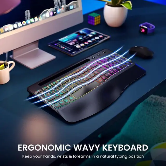 Alt view image 3 of 5 - VEILZOR Wireless Keyboard with Wrist Rest, 2.4G Wireless Ergonomic Keyboard, 7-Color & 3 RGB Backlit Modes, Phone/Tablet Holder, Rechargeable Computer Keyboard for Windows, Mac, Computer, PC