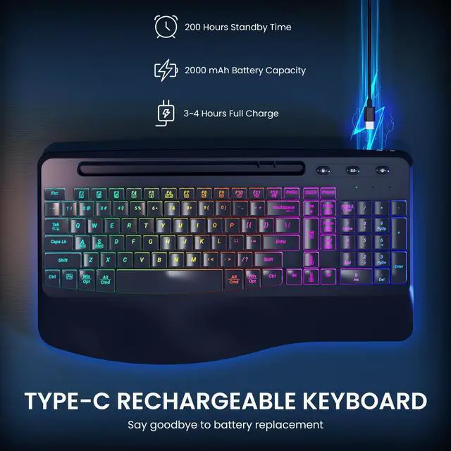 Alt view image 4 of 5 - VEILZOR Wireless Keyboard with Wrist Rest, 2.4G Wireless Ergonomic Keyboard, 7-Color & 3 RGB Backlit Modes, Phone/Tablet Holder, Rechargeable Computer Keyboard for Windows, Mac, Computer, PC