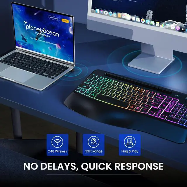 Alt view image 5 of 5 - VEILZOR Wireless Keyboard with Wrist Rest, 2.4G Wireless Ergonomic Keyboard, 7-Color & 3 RGB Backlit Modes, Phone/Tablet Holder, Rechargeable Computer Keyboard for Windows, Mac, Computer, PC