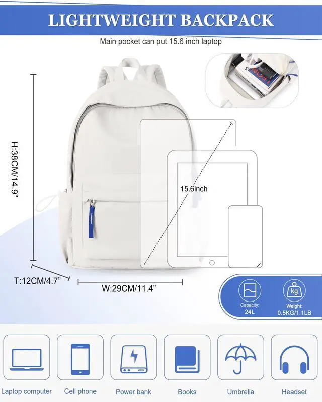 Alt view image 2 of 5 - School Backpack for Teen Girls,Simple School Book Bag Waterproof High School Backpack for Boy Middle Student Bookbag College Backpack for Women Men Casual Daypack Travel Aesthetic Backpacks White
