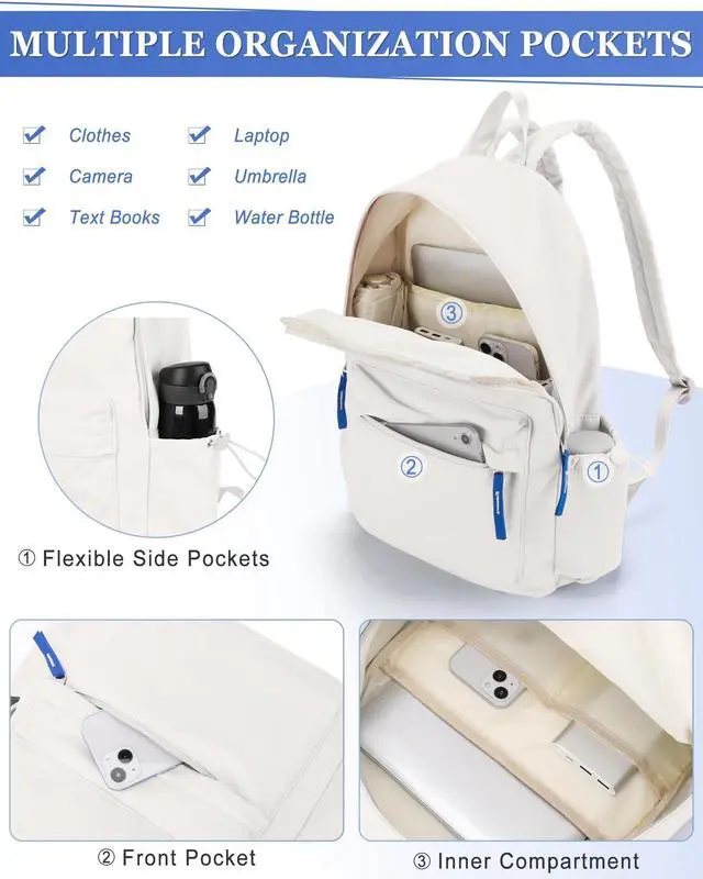 Alt view image 4 of 5 - School Backpack for Teen Girls,Simple School Book Bag Waterproof High School Backpack for Boy Middle Student Bookbag College Backpack for Women Men Casual Daypack Travel Aesthetic Backpacks White