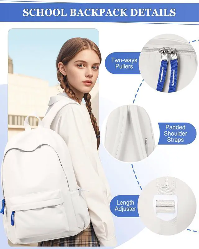 Alt view image 5 of 5 - School Backpack for Teen Girls,Simple School Book Bag Waterproof High School Backpack for Boy Middle Student Bookbag College Backpack for Women Men Casual Daypack Travel Aesthetic Backpacks White