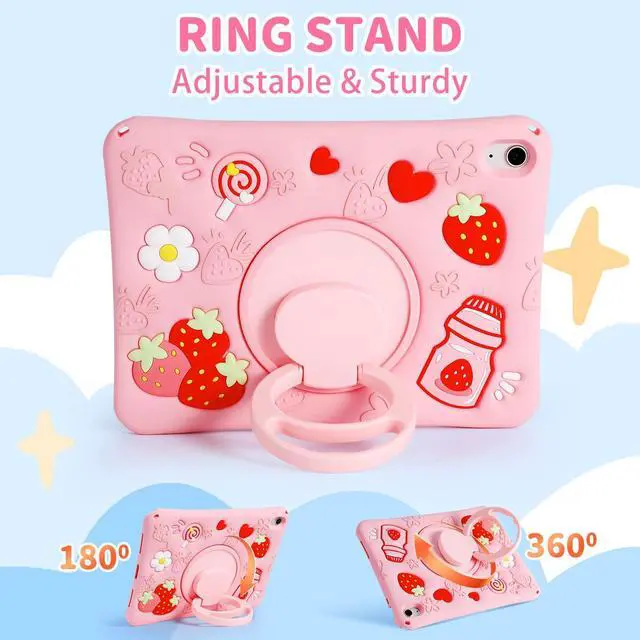 Alt view image 5 of 5 - Vulxogo for iPad 10th Case 2022 10.9 Inch/for iPad (A16) 11th Generation 11" 2025 - for Girls Teens Strawberry Soft Silicone Cute with Shoulder Strap & Rotating Stand for Women Girls Girly Teens Cover