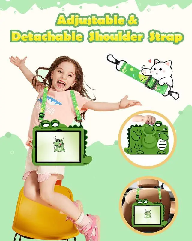Alt view image 3 of 5 - Wazzasoft for Samsung Galaxy Tab S9 FE Case 10.9" - Cute Girls Boys Kawaii Cover Girly 3D Cartoon Women with Rotating Handle Stand & Strap Soft Silicone Green Funda for Samsung S9 FE 5G Tablet Case