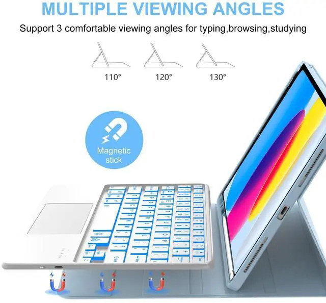 Alt view image 4 of 5 - WINCHKING Trackpad Keyboard Case for iPad A16 2025 11th/10th 2022 Generation (11-inch/10.9),7-Color Backlit,Detachable Wireless Keyboard with Bulit-in Pencil Holder iPad Protective Cover(Blue)
