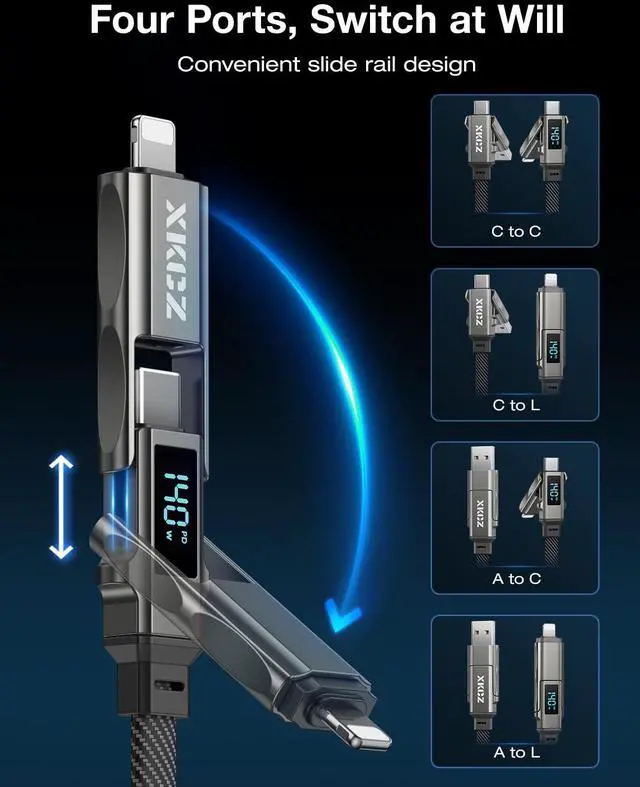Alt view image 2 of 5 - XKCZ 4 in 1 USB C Cable with Wattage Display, 140W Flat Nylon Braided Multi Charge Cable with Data Sync, USB C Charging Cord Combo Type C/USB A/L Port for iPhone/iPad/Samsung/Laptop, 5FT