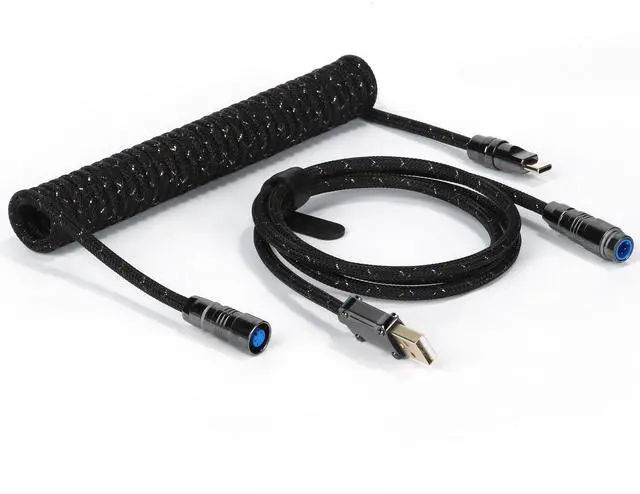 Main image of ZIYOU LANG C05 Custom Coiled USB C Cable with Metallic Sequin Double Weave Nylon Braided Cord Detachable CNC Metal Aviator Spiral Line for Charging Smartphone Connecting RK Keyboard PS4 Switch(Black)