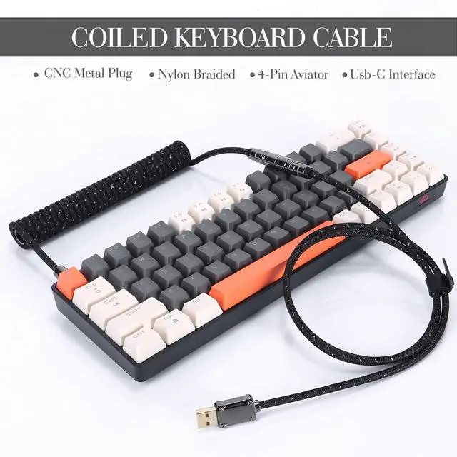 Alt view image 2 of 5 - ZIYOU LANG C05 Custom Coiled USB C Cable with Metallic Sequin Double Weave Nylon Braided Cord Detachable CNC Metal Aviator Spiral Line for Charging Smartphone Connecting RK Keyboard PS4 Switch(Black)