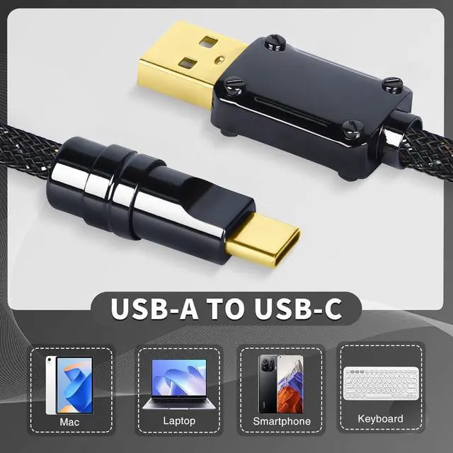 Alt view image 5 of 5 - ZIYOU LANG C05 Custom Coiled USB C Cable with Metallic Sequin Double Weave Nylon Braided Cord Detachable CNC Metal Aviator Spiral Line for Charging Smartphone Connecting RK Keyboard PS4 Switch(Black)