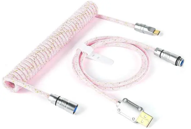 Main image of ZIYOU LANG C05 Custom Coiled USB C Cable with Metallic Sequin Double Weave Nylon Braided Cord Detachable CNC Metal Aviator Spiral Line for Charging Smartphone Connecting RK Keyboard PS4 Switch(Pink)