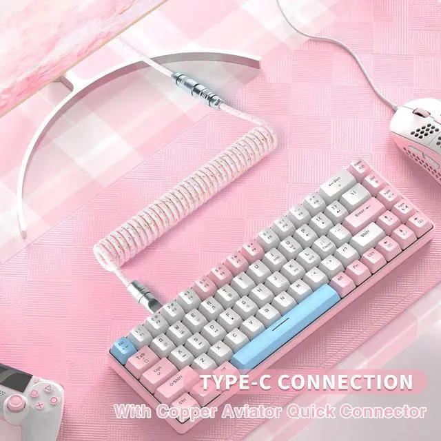 Alt view image 5 of 5 - ZIYOU LANG C05 Custom Coiled USB C Cable with Metallic Sequin Double Weave Nylon Braided Cord Detachable CNC Metal Aviator Spiral Line for Charging Smartphone Connecting RK Keyboard PS4 Switch(Pink)