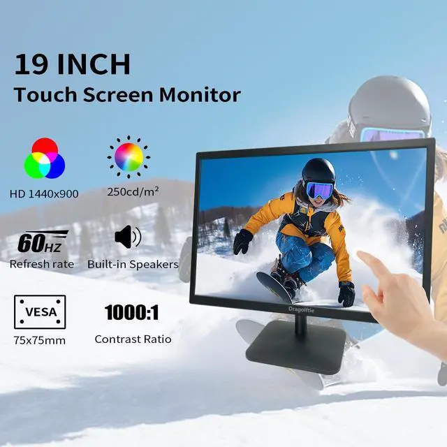 Alt view image 2 of 5 - 19 Inch Touchscreen Monitor HD 1440x900P, Built-in Speakers, VESA, TN Panel Desktop PC Touch Screen Monitor with HDMI & VGA & Type-B Ports, Low-blue Light Computer Touch Display, 60Hz, Black