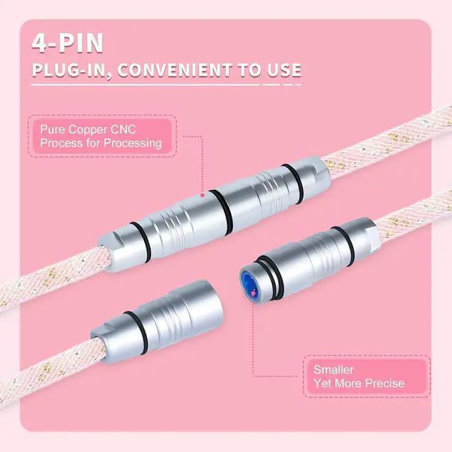 Alt view image 3 of 5 - ZIYOU LANG C05 Custom Coiled USB C Cable with Metallic Sequin Double Weave Nylon Braided Cord Detachable CNC Metal Aviator Spiral Line for Charging Smartphone Connecting RK Keyboard PS4 Switch(Pink)