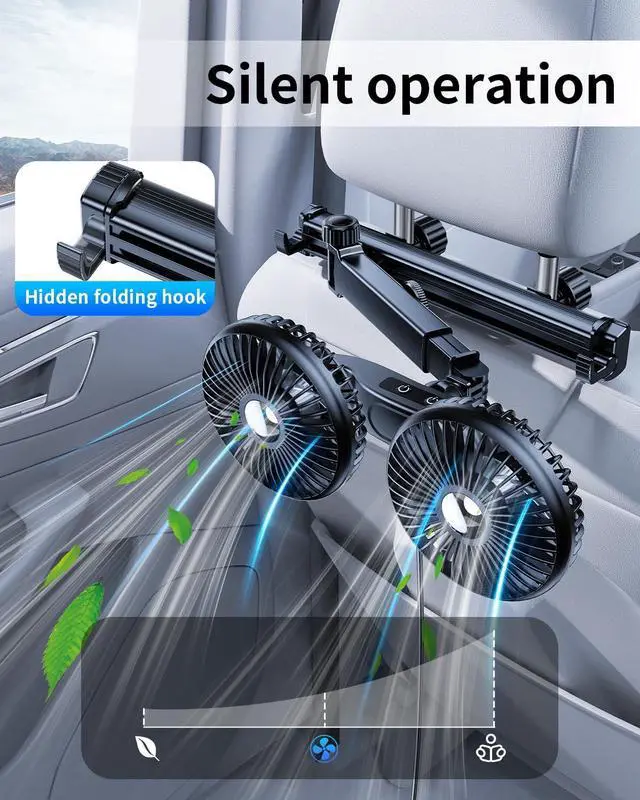 Alt view image 4 of 5 - Dual Head Car Fan for Backseat,USB Powered Car Back Seat Fans for Kids Baby Dog [Extender Arm] 360° Rotatable 3 Speeds Rear Headrest Cooling Fans,Cooler Fan That Blow Cold Air for Vehicles Suv Truck