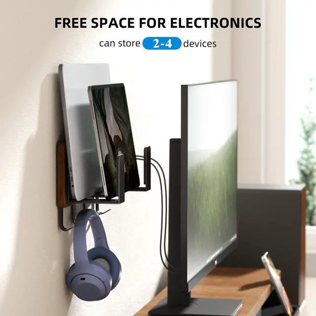 Alt view image 4 of 5 - AFOOYO Universal Laptop Wall Mount Holder, Adjustable Metal Desk Organizer with Hooks | Ventilated Cooling & Anti-Scratch Pads | Compatible with 10-17.3 inch Laptop, Tablet, Keyboard, Router, Modem