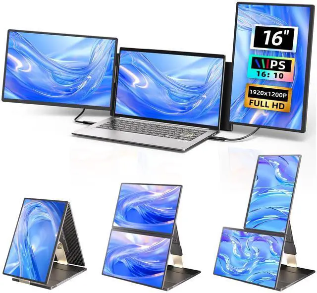 Main image of AOKER Triple Laptop Screen Extender - 16" Monitor IPS FHD 1200P Detachable Portable Display for 13"-17.4" Laptops Compatible with Windows Mac Chrome Surface Travel Work Setup