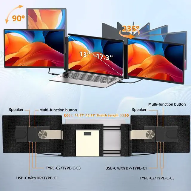 Alt view image 5 of 5 - AOKER Triple Laptop Screen Extender - 16" Monitor IPS FHD 1200P Detachable Portable Display for 13"-17.4" Laptops Compatible with Windows Mac Chrome Surface Travel Work Setup