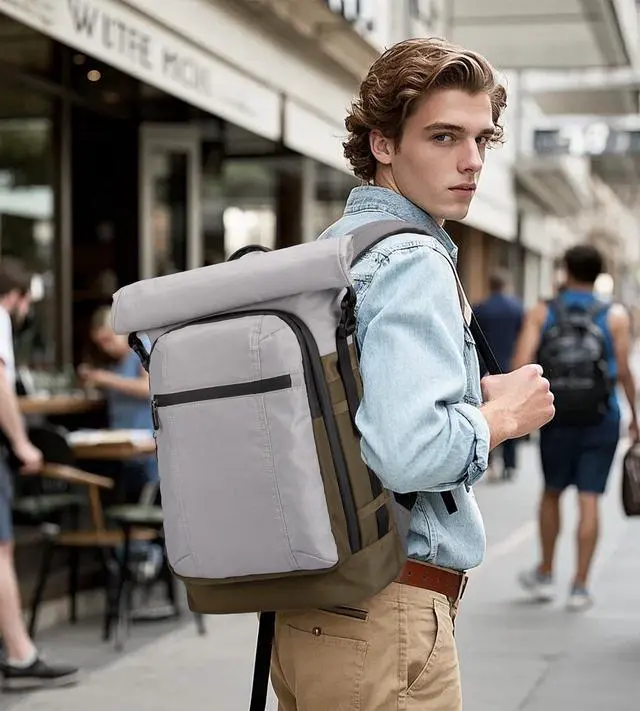 Alt view image 2 of 5 - TKTKPOOW Roll Top Backpack Fits17 Inch loptop,Waterproof Anti-Theft bag, Adjustable Capacity for Travel, Business,College (green-white)