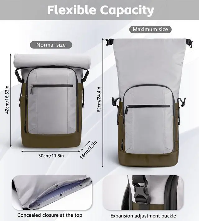 Alt view image 3 of 5 - TKTKPOOW Roll Top Backpack Fits17 Inch loptop,Waterproof Anti-Theft bag, Adjustable Capacity for Travel, Business,College (green-white)