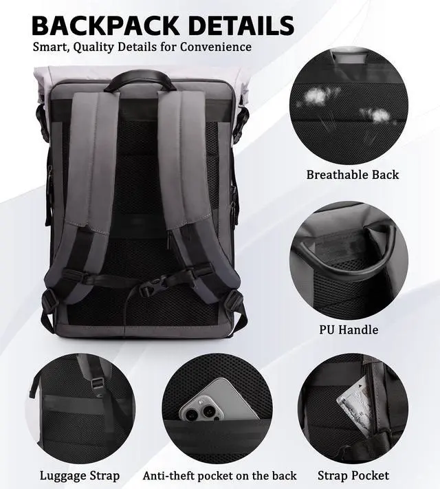 Alt view image 4 of 5 - TKTKPOOW Roll Top Backpack Fits17 Inch loptop,Waterproof Anti-Theft bag, Adjustable Capacity for Travel, Business,College (green-white)