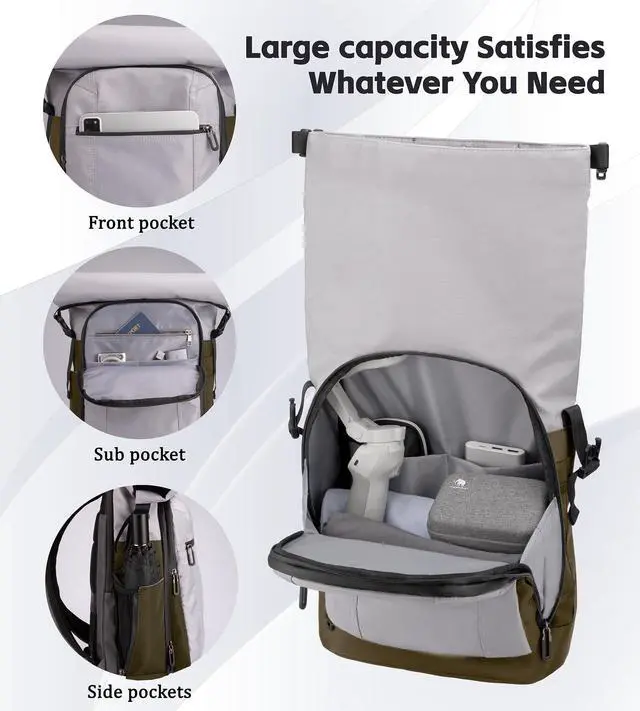 Alt view image 5 of 5 - TKTKPOOW Roll Top Backpack Fits17 Inch loptop,Waterproof Anti-Theft bag, Adjustable Capacity for Travel, Business,College (green-white)