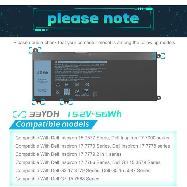 Alt view image 5 of 5 - IKFJQCOA 33YDH 56Wh Laptop Battery Compatible with Dell Inspiron 17 7000 7778 7779 7786 7773 15 7577 G3 3579 3779 G5 5587 G7 7588 13 3380 3480 14 3490 15 3590 3580 PVHT1 P30E 81PF3 081PF3 15.2V 4-cell
