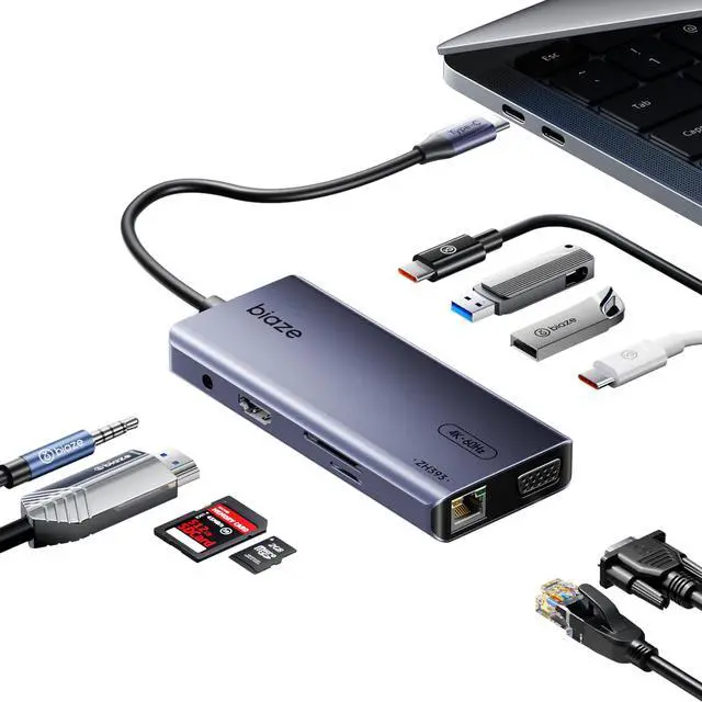 Main image of BIAZE 10-in-1 USB C Hub Multiport Adapter, 4K60Hz HDMI & VGA, 100W PD Charging, Gigabit Ethernet, USB 3.0, SD/TF Card Reader, 3.5mm Audio, for MacBook, iPad, Dell, HP and More Type C Laptops