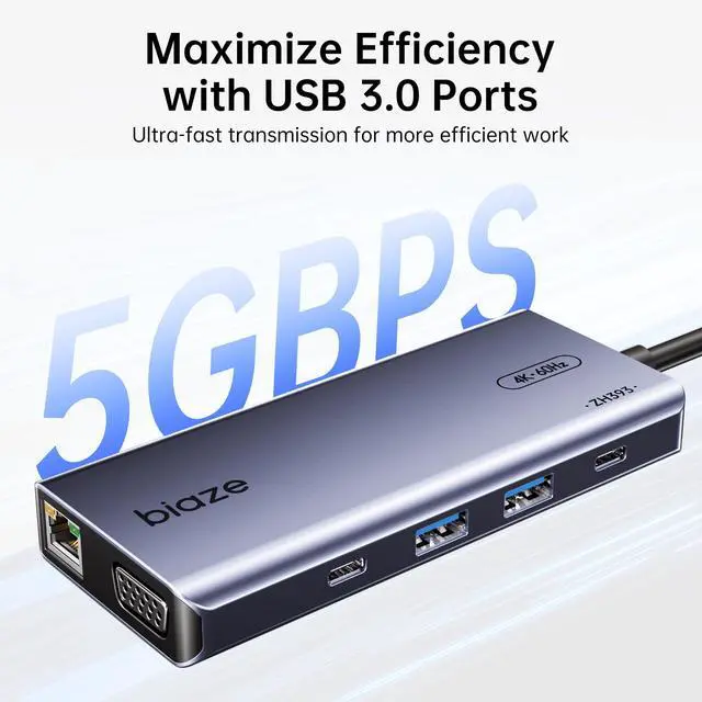 Alt view image 4 of 5 - BIAZE 10-in-1 USB C Hub Multiport Adapter, 4K60Hz HDMI & VGA, 100W PD Charging, Gigabit Ethernet, USB 3.0, SD/TF Card Reader, 3.5mm Audio, for MacBook, iPad, Dell, HP and More Type C Laptops