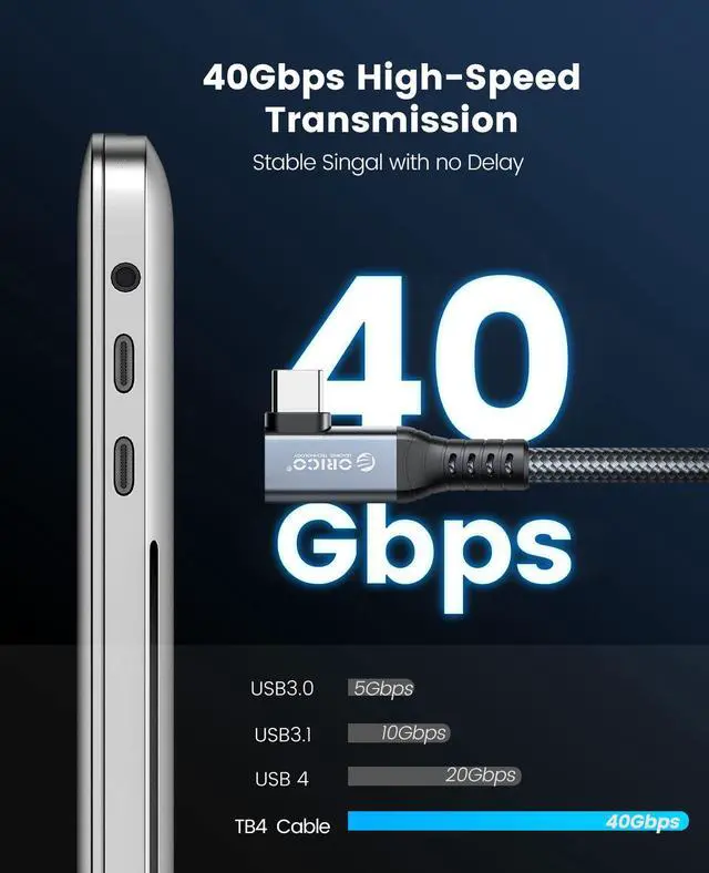 Alt view image 2 of 5 - ORICO Cable Compatible with Thunderbolt 4 Right Angle 2.62FT, 40Gbps USB C to USB C Cable with 100W Charging/Display 8K@ 60Hz for MacBooks, iPad Pro, Thunderbolt 4/3 Hub and USB-C Device