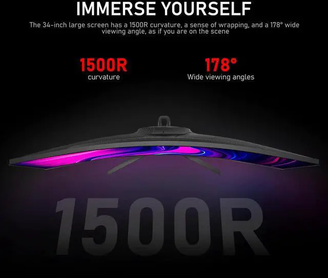 Alt view image 5 of 5 - Gawfolk 34 Inch Ultrawide Curved 120Hz Gaming Computer Monitor 1500R PC Screen 21:9 UWQHD (3440x1440),Adaptive Sync,178° Viewing Angle,128% sRGB,Display PortHDMI,Compatible with Wall Mounted -Black