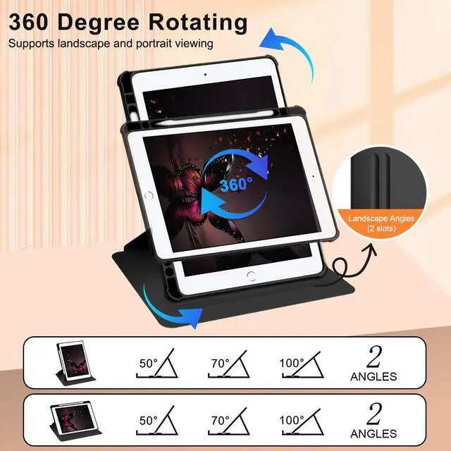 Alt view image 4 of 5 - Casetego for iPad 6th/5th Generation 9.7 Inch Case,with Pencil Holder,360°Rotating Adjustable Stand Protective Cover,Black